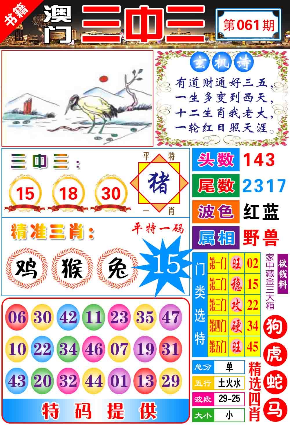 061期澳门宝典三中三[图]